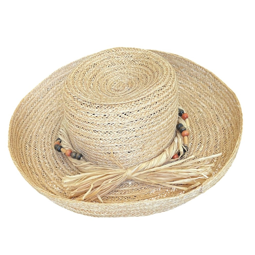 Toucan Collection Woven Straw Sun Hat Wood Bead Raffia Bow Wide Brim Tan Boater